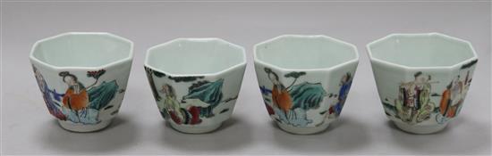 A set of four Chinese famille rose octagonal cups, each painted with immortals, width 8cm
